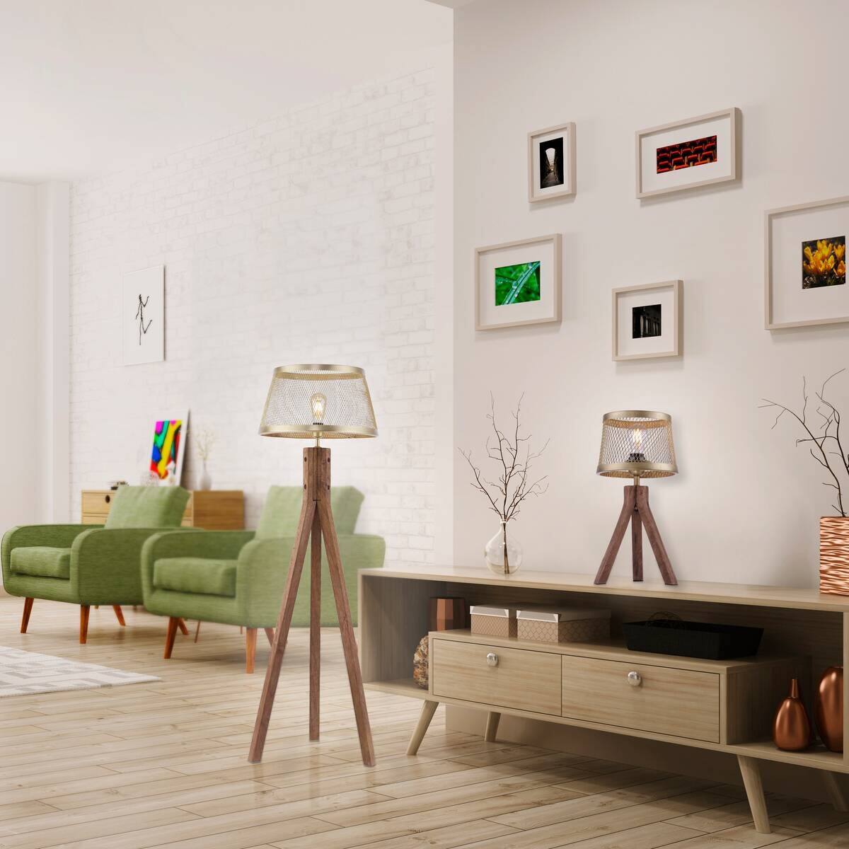 Stehleuchte Frederik messing Holz B/H/L: ca. 46x145x46 cm E27 1 Brennstellen