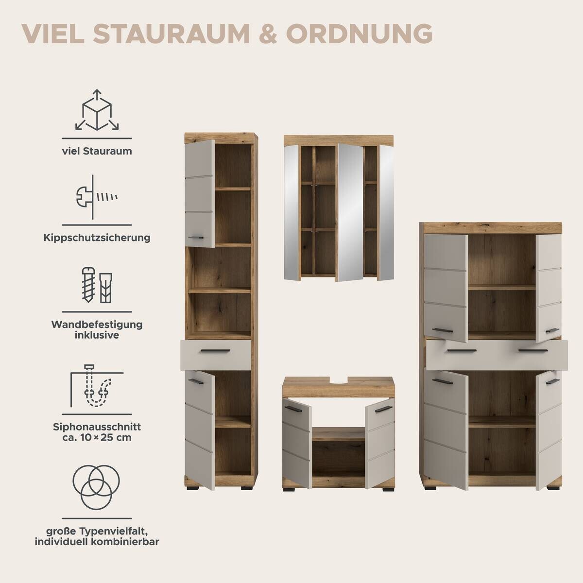 Badezimmer-Set Scout Evoke Oak Nachbildung Kaschmirgrau Nachbildung B/H/T: ca. 201x191x34 cm
