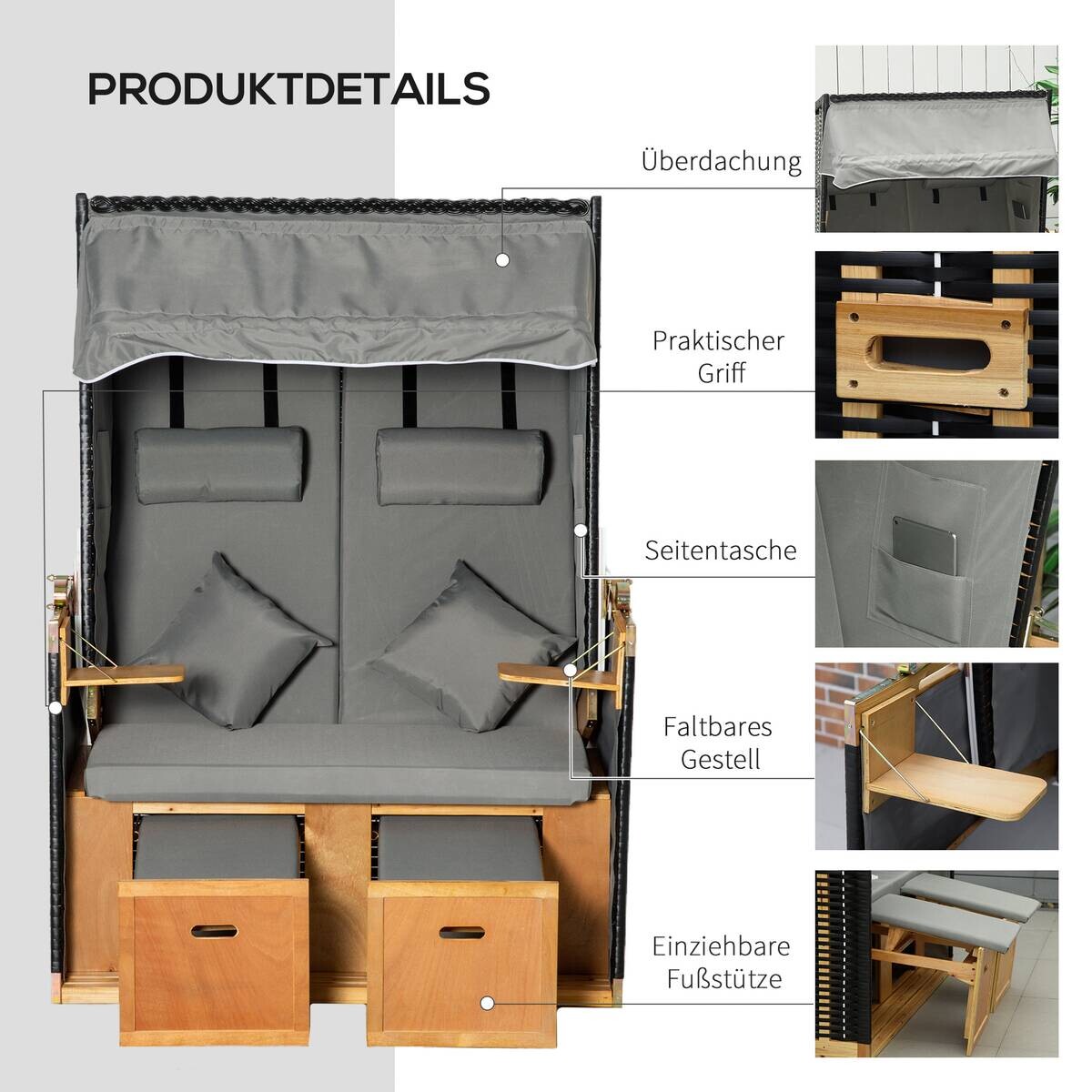Outsunny Strandkorb hellgrau Edelstahl B/H/L: ca. 79x118x160 cm