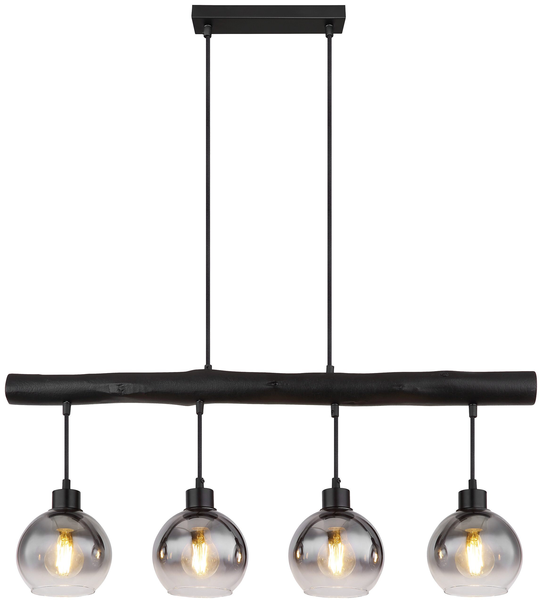 GLOBO Pendelleuchte 15656-4HB schwarz klar Rauch Metall Glas Holz B/H/L: ca. 15x120x85 cm E27 1 Brennstellen