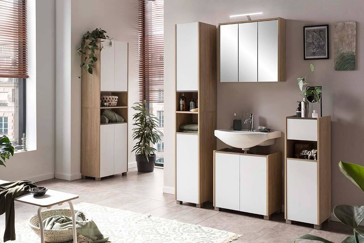 Waschbeckenunterschrank Juba Eiche hell Nachbildung weiß B/H/T: ca. 56,9x58,9x33 cm