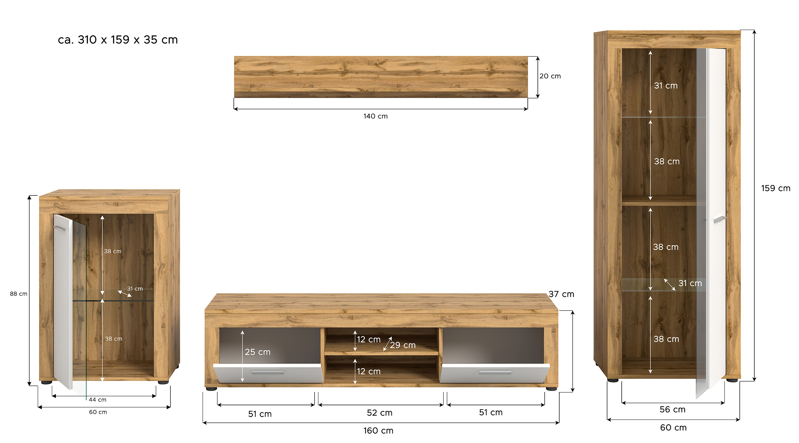 Wohnwand Jam Eiche Wotan Nachbildung weiß B/H/T: ca. 310x169x35 cm