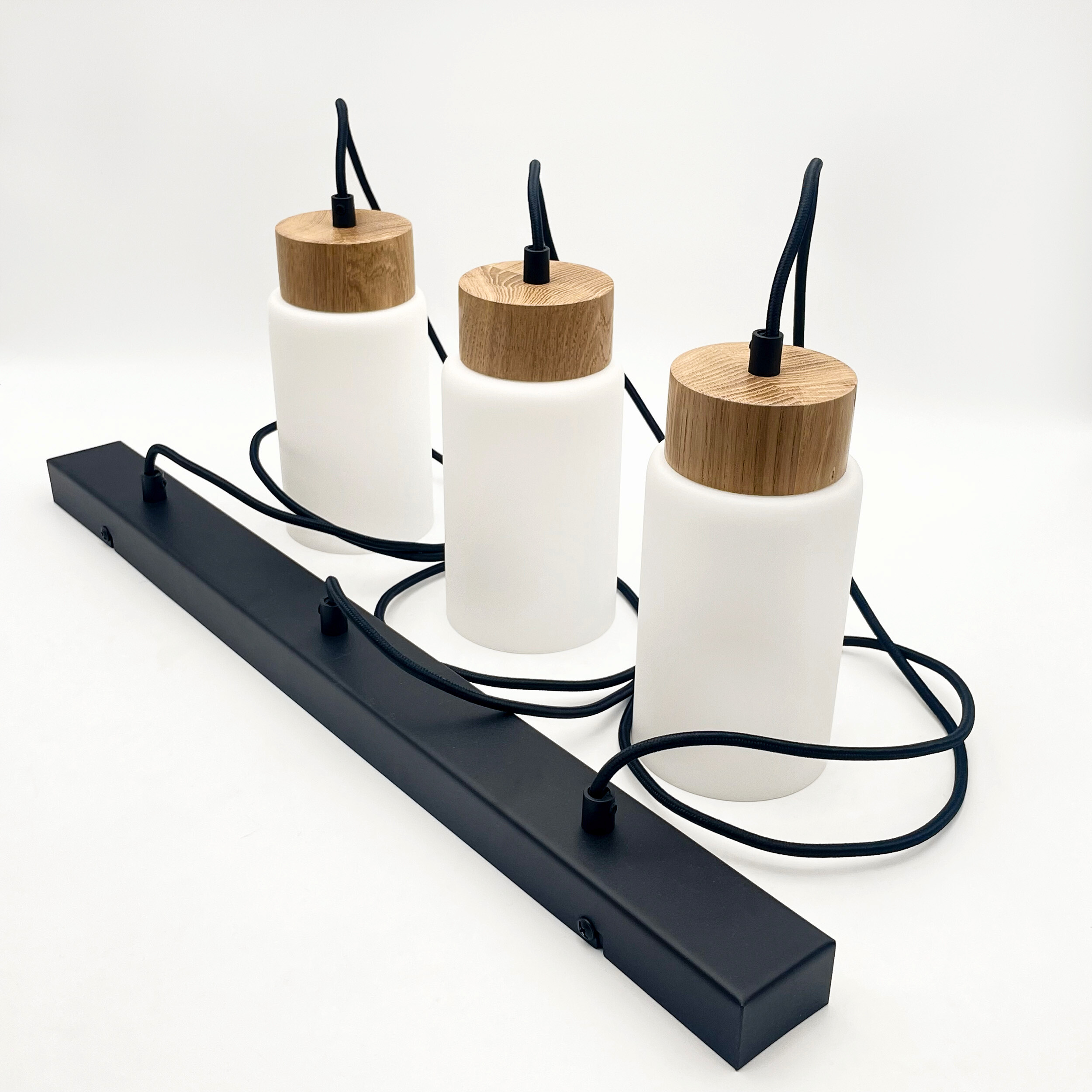 Lamkur Hängeleuchte Marcus schwarz Glas Stahl Holz B/H/L: ca. 65x20x20 cm E27 3 Brennstellen