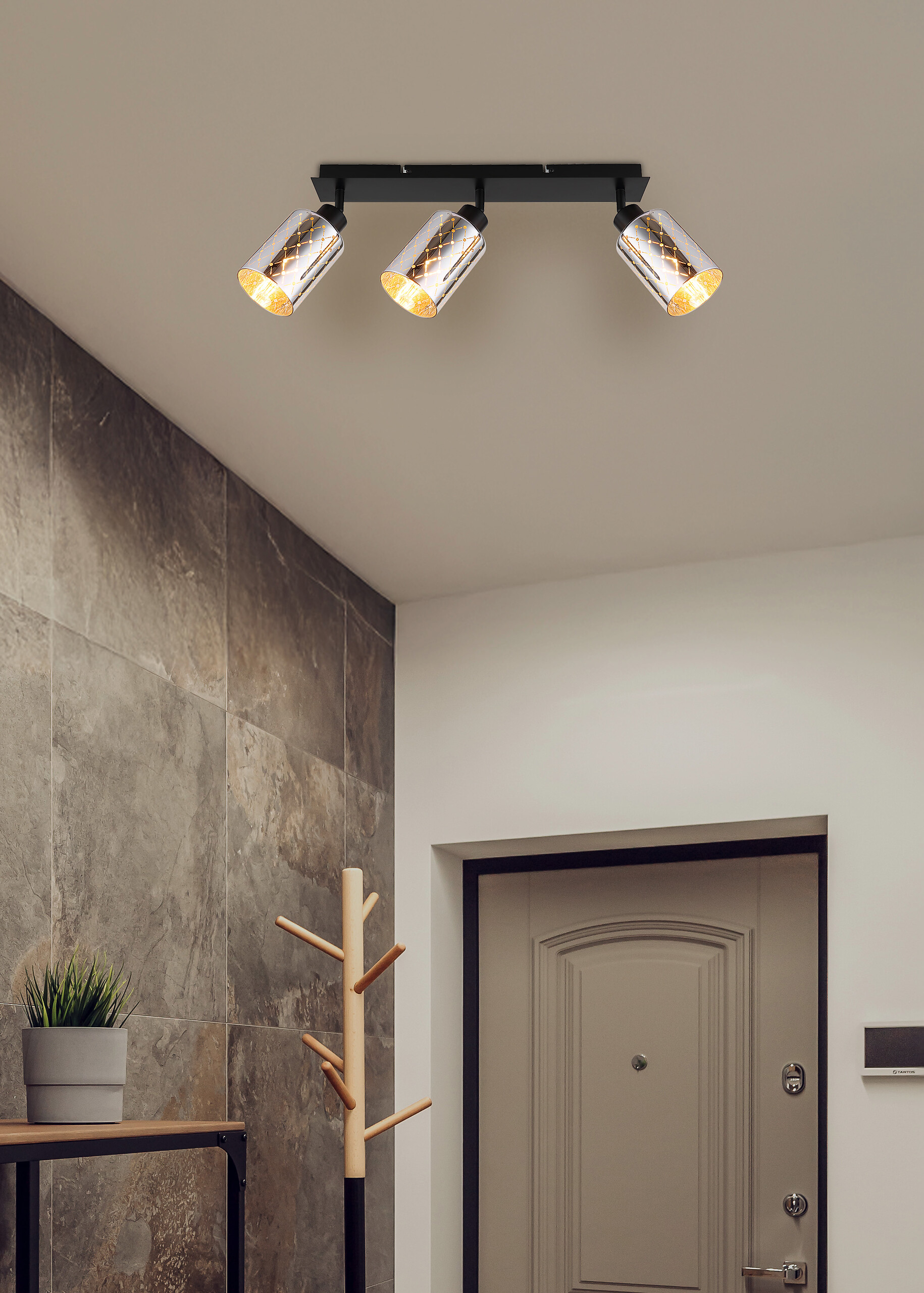 GLOBO Strahler Chrom mattschwarz klar Metall Glas B/H/L: ca. 9x22x66 cm E27 3 Brennstellen