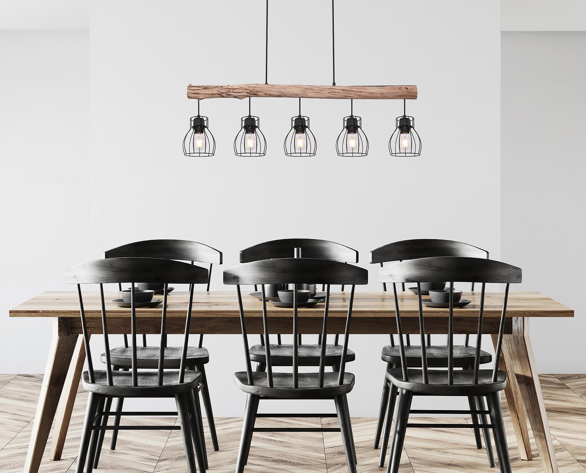 GLOBO Pendelleuchte Mina natur schwarz Holz Metall B/H: ca. 104x140 cm E27 5 Brennstellen