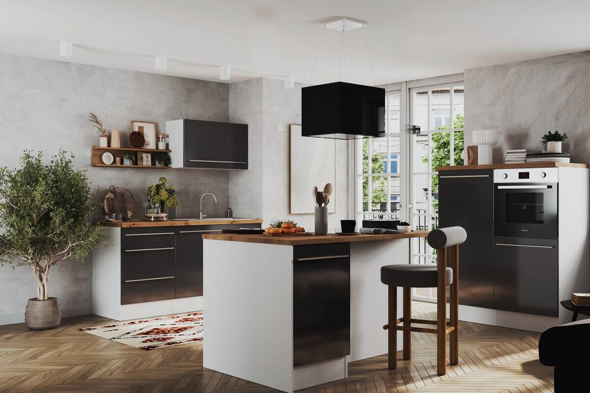 Respekta Inselküche Gabriel grau Hochglanz B/H/T: ca. 290x200x60 cm