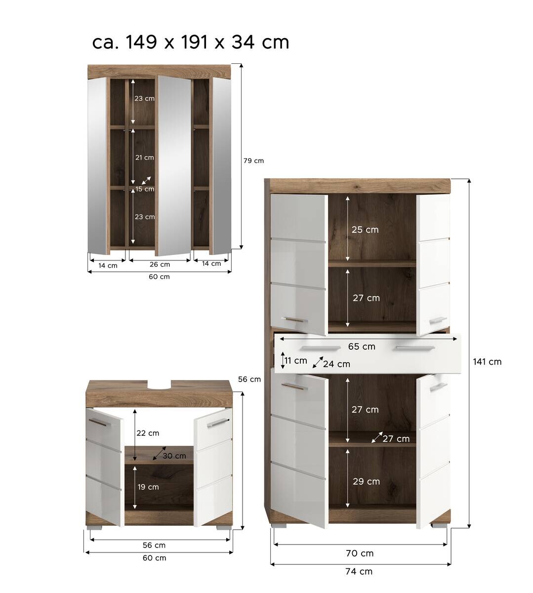 Badezimmer-Set Wave weiß Hochglanz Nox Oak Nachbildung B/H/T: ca. 149x191x34 cm