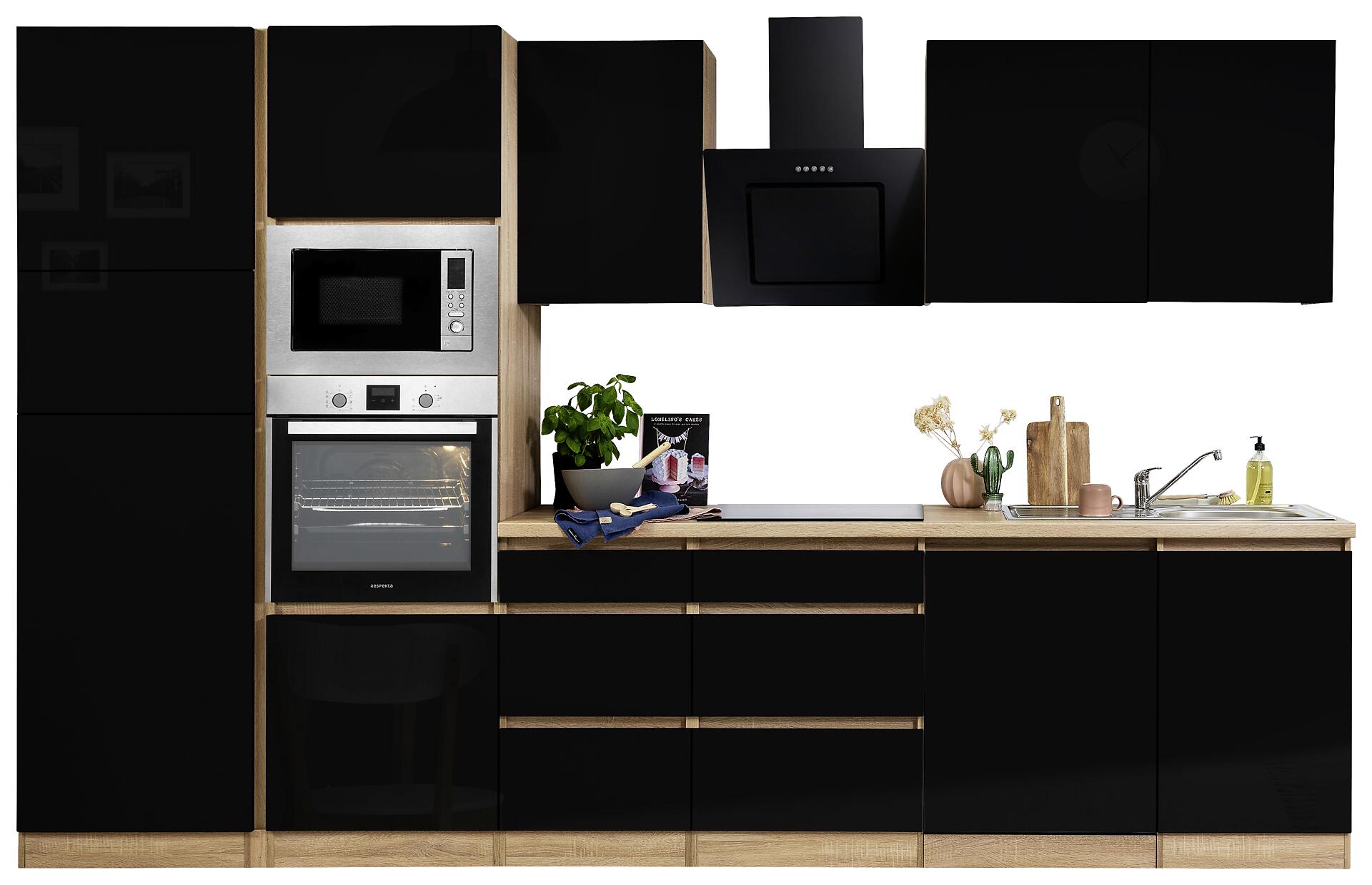 Respekta Küchenblock Premium schwarz hochglänzend B/H/T: ca. 345x220,5x60 cm