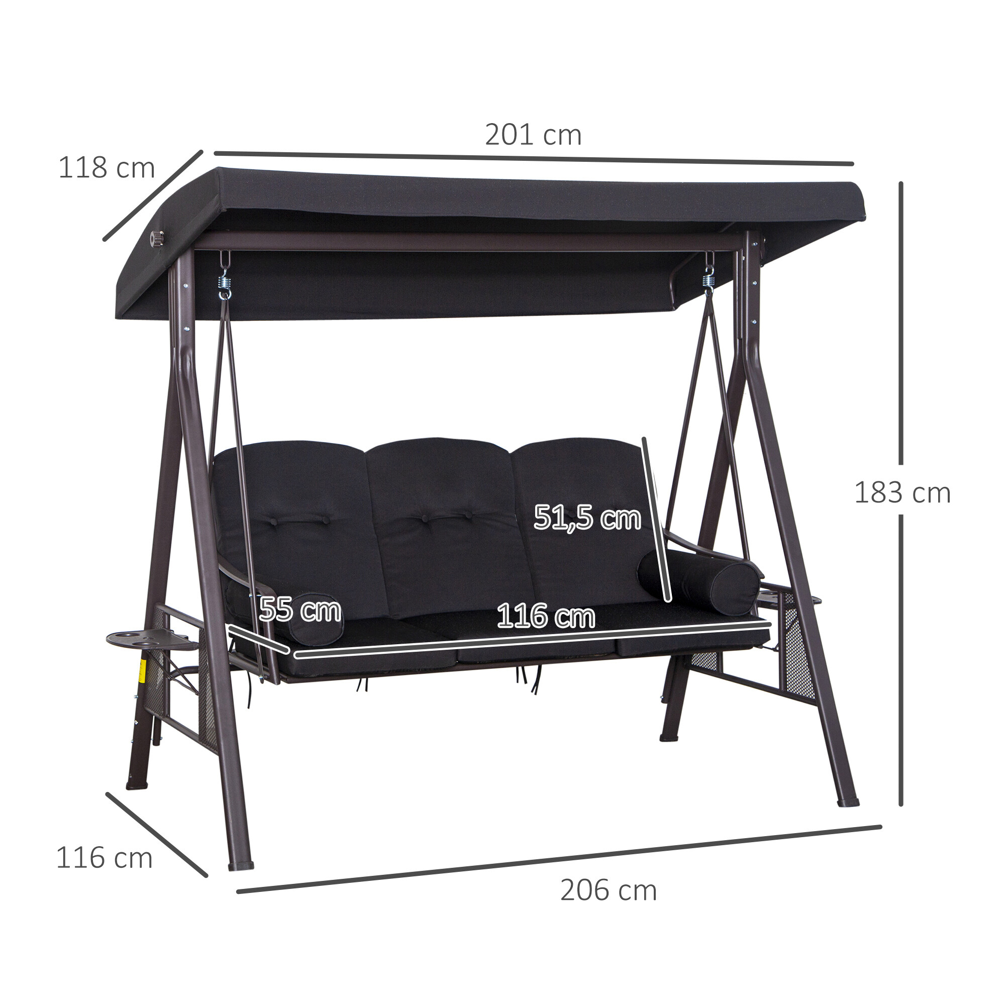 Outsunny Hollywoodschaukel schwarz Metall B/H/L: ca. 116x183x206 cm