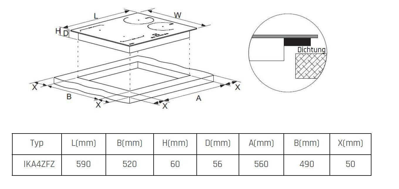 Mican Induktionskochfeld IKA4ZFZ schwarz Schwarzglas B/H/T: ca. 59x5,5x52 cm