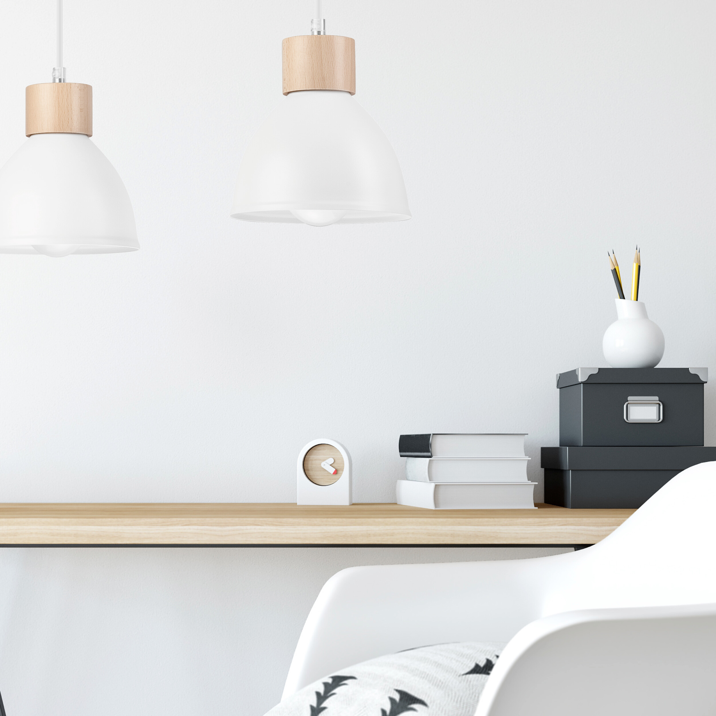 Lamkur Pendelleuchte weiß Stahl Holz B/H/L: ca. 13x82x48 cm E27 2 Brennstellen