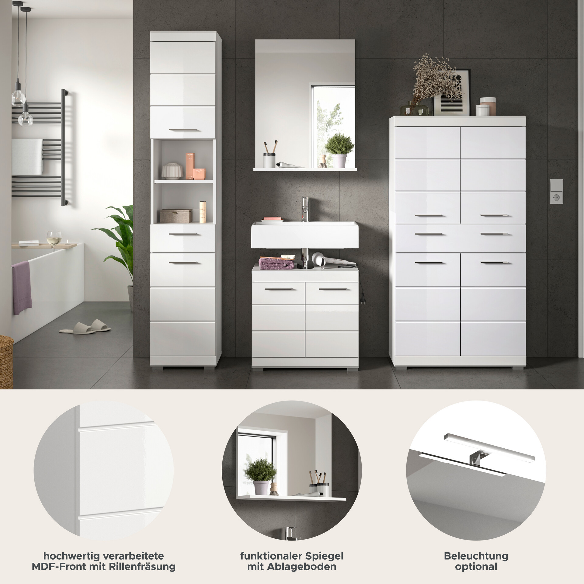 Badezimmer-Set Scout weiß weiß Hochglanz B/H/T: ca. 186x191x34 cm