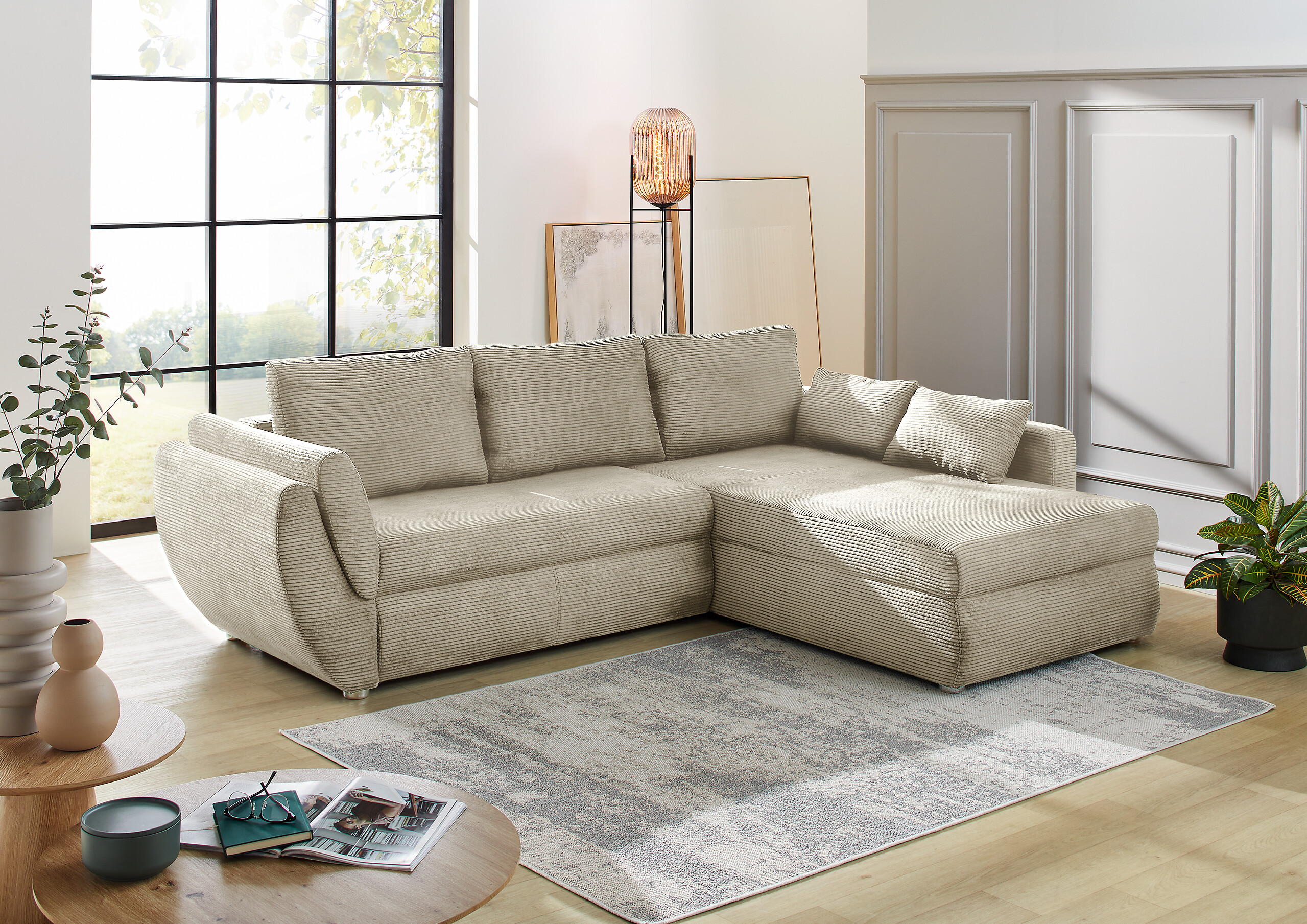 Ecksofa mit Bettfunktion und Bettkasten Greige Microfaser B/H/T: ca. 272x88x200 cm Ecksofa mit Bettfunktion und Bettkasten Greige Microfaser B/H/T: ca. 272x88x200 cm
