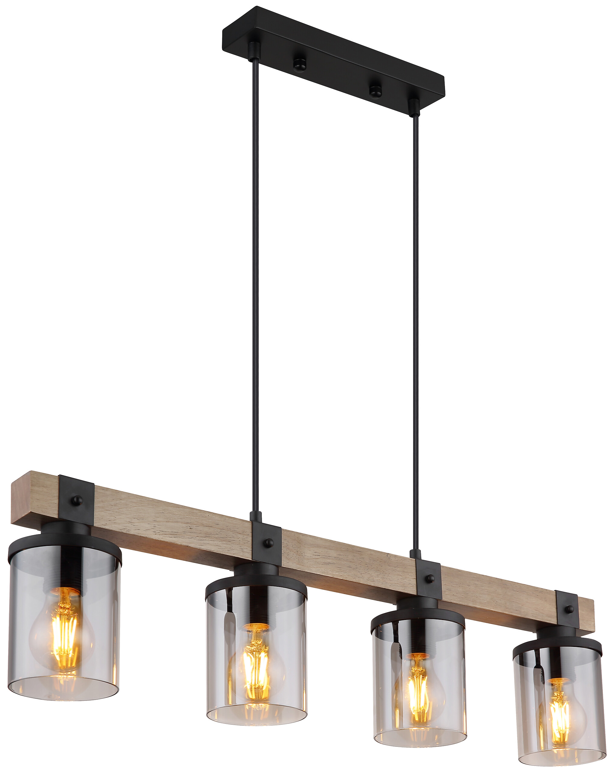 GLOBO Pendelleuchte 15555-4H schwarz natur Rauch Holz Metall Rauchglas B/H/T: ca. 10x133x73 cm E27 4 Brennstellen