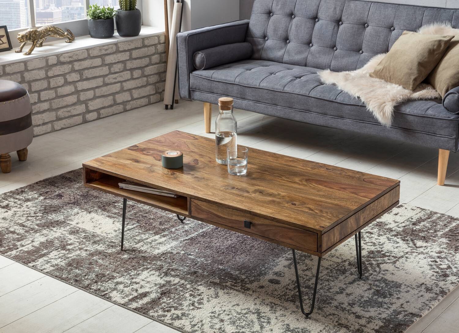 Wohnling Couchtisch natur schwarz Echtholz Metall B/H/T: ca. 110x40x60 cm