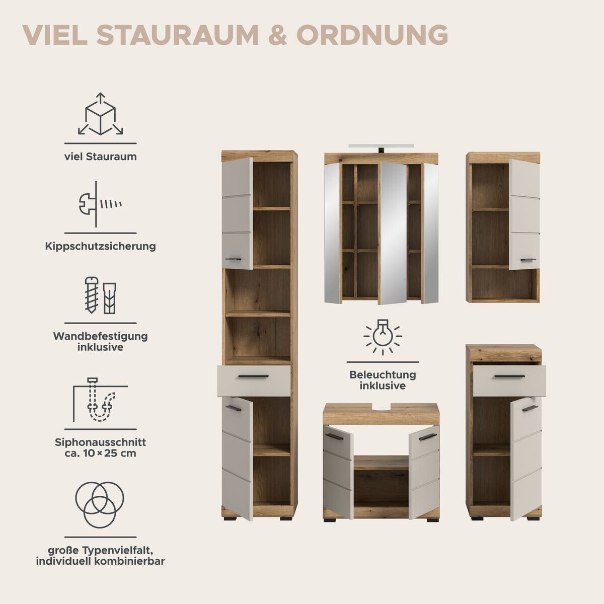 Badezimmer-Set Scout Evoke Oak Nachbildung Kaschmirgrau Nachbildung B/H/T: ca. 164x191x34 cm