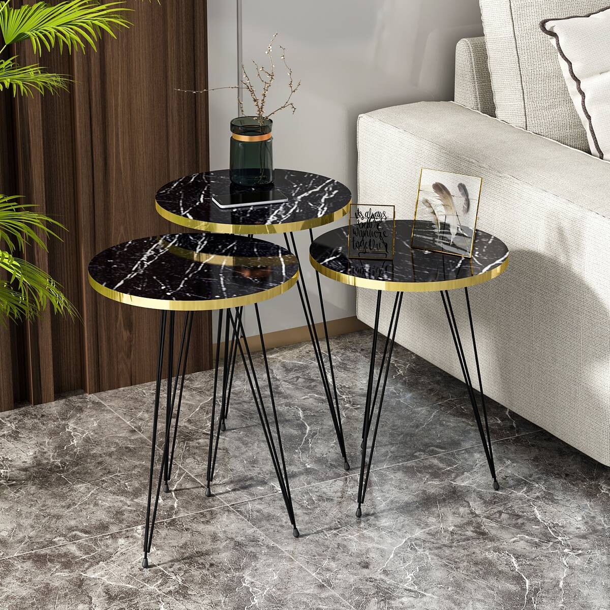 Beistelltisch 3er-Set. 21286139 schwarz Marmoroptik B/H/T: ca. 38x53,5x38 cm