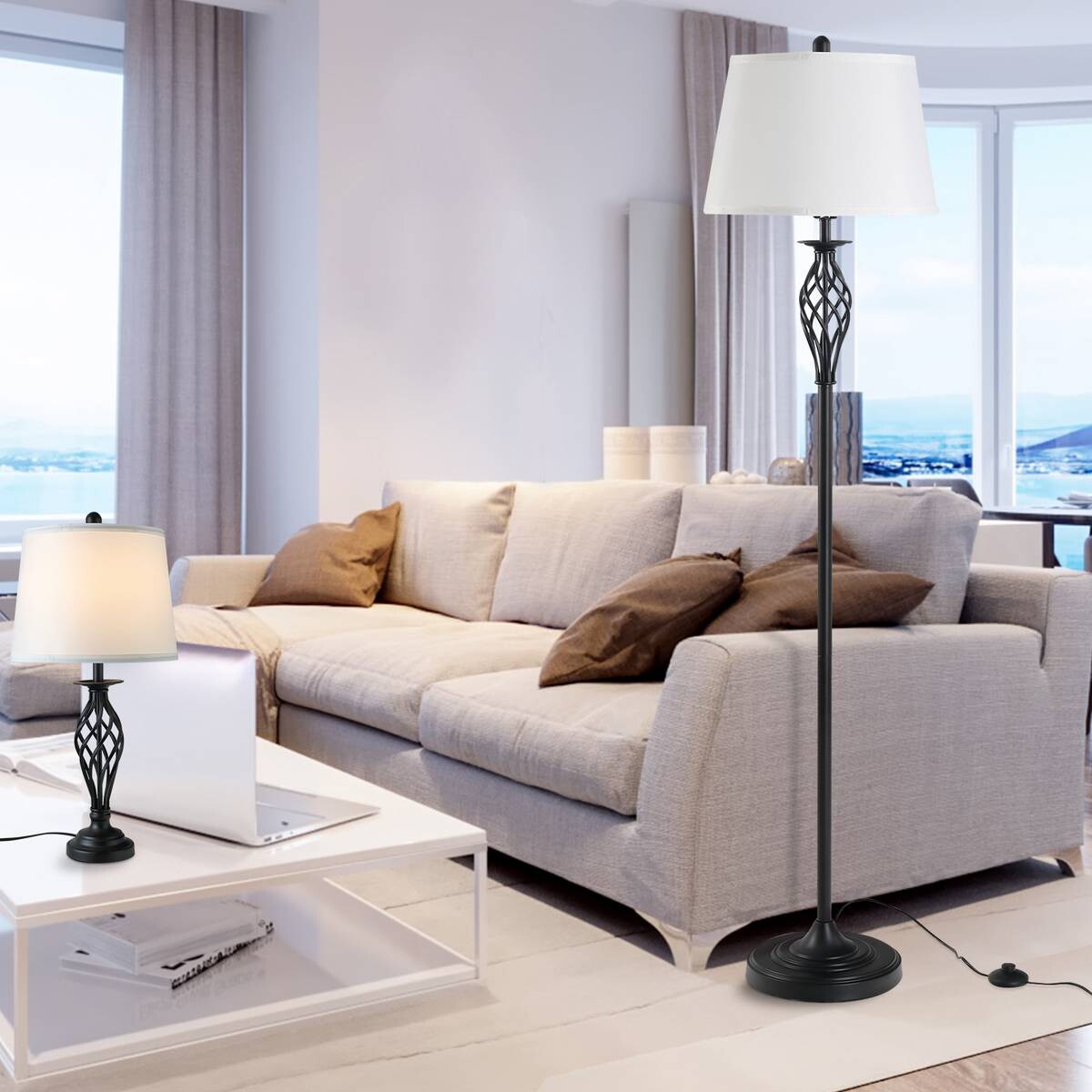 HOMCOM Stehleuchte inkl. 2 Tischleuchten B31-179 schwarz weiß Metall Polyester-Mischgewebe Stoff B/H/L: ca. 38x158x38 cm E27 3 Brennstellen