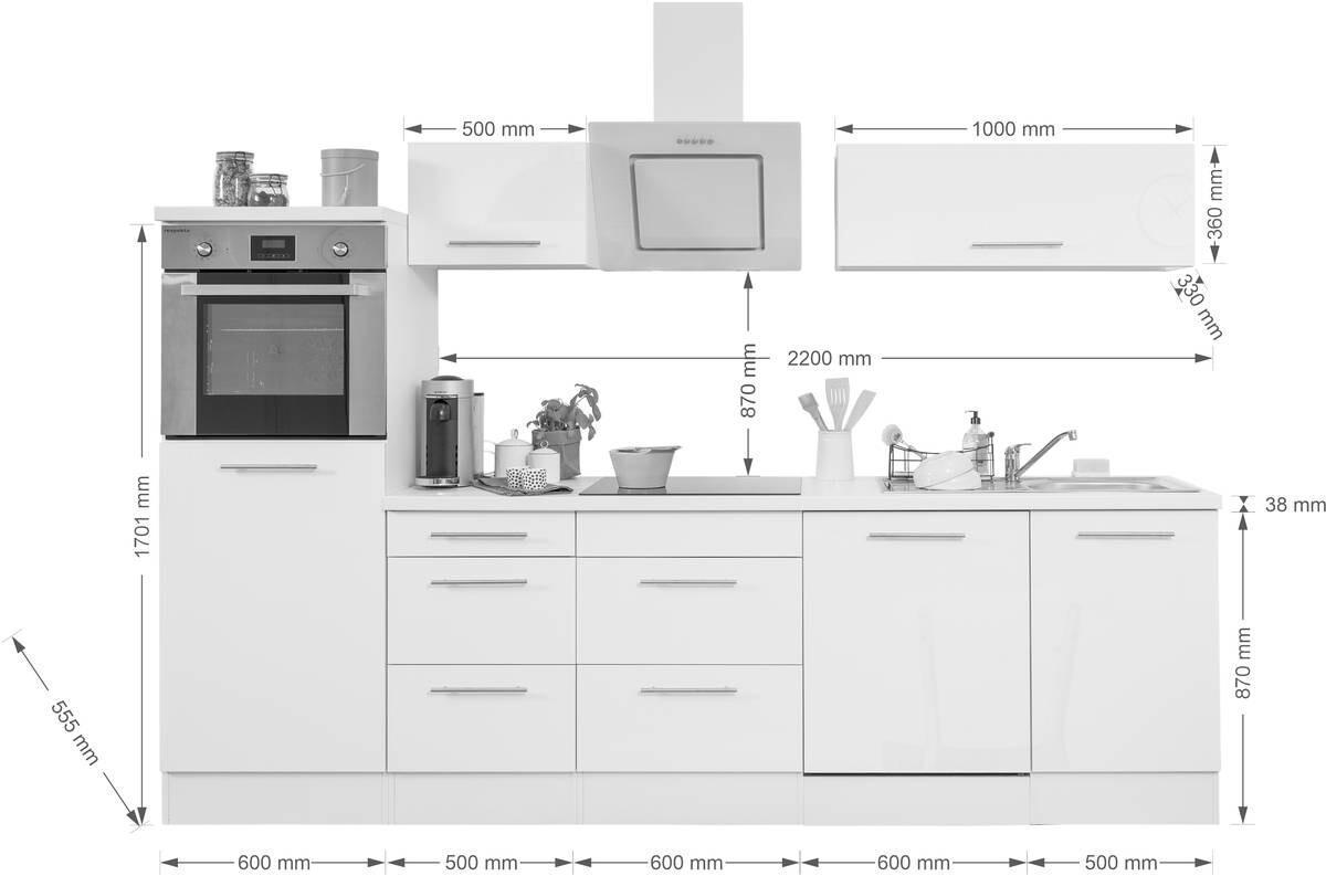 Respekta Küchenblock Premium weiß hochglänzend B/H/T: ca. 280x200x60 cm