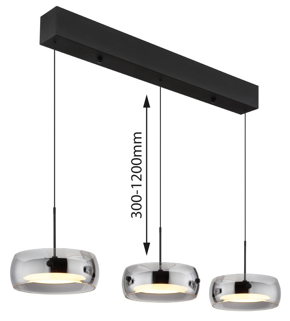 GLOBO LED-Hängeleuchte mattschwarz Rauch Opal Metall Glas Kunststoff B/H/L: ca. 20x120x85 cm 1.0 Brennstellen