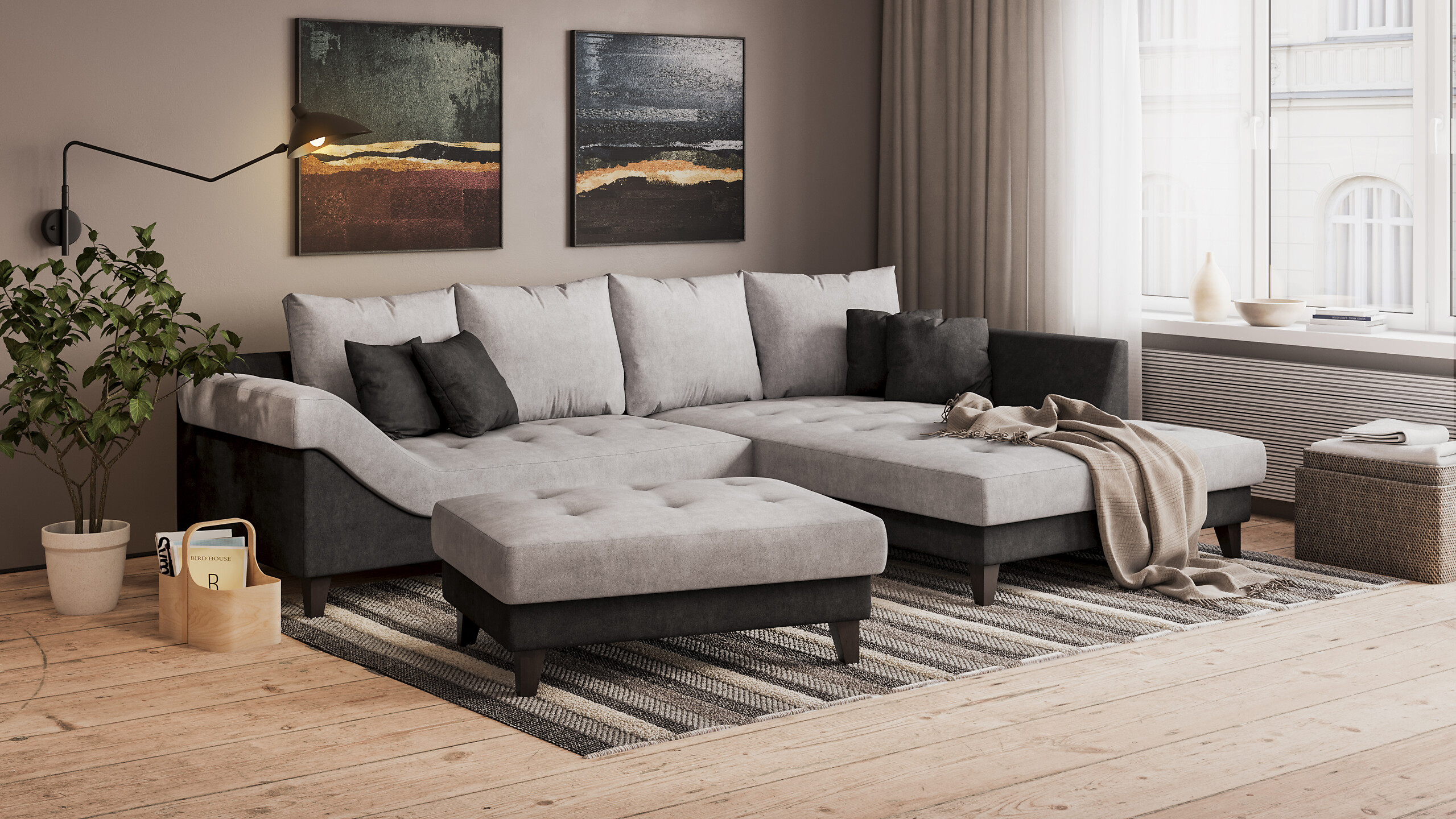 Ecksofa grau schwarz B/H/T: ca. 306x92x202 cm