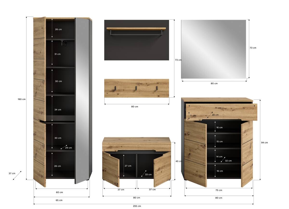 Garderobe CANU edles Basaltgrau Nachbildung Eiche Artisan Nachbildung B/H/T: ca. 255x190x37 cm