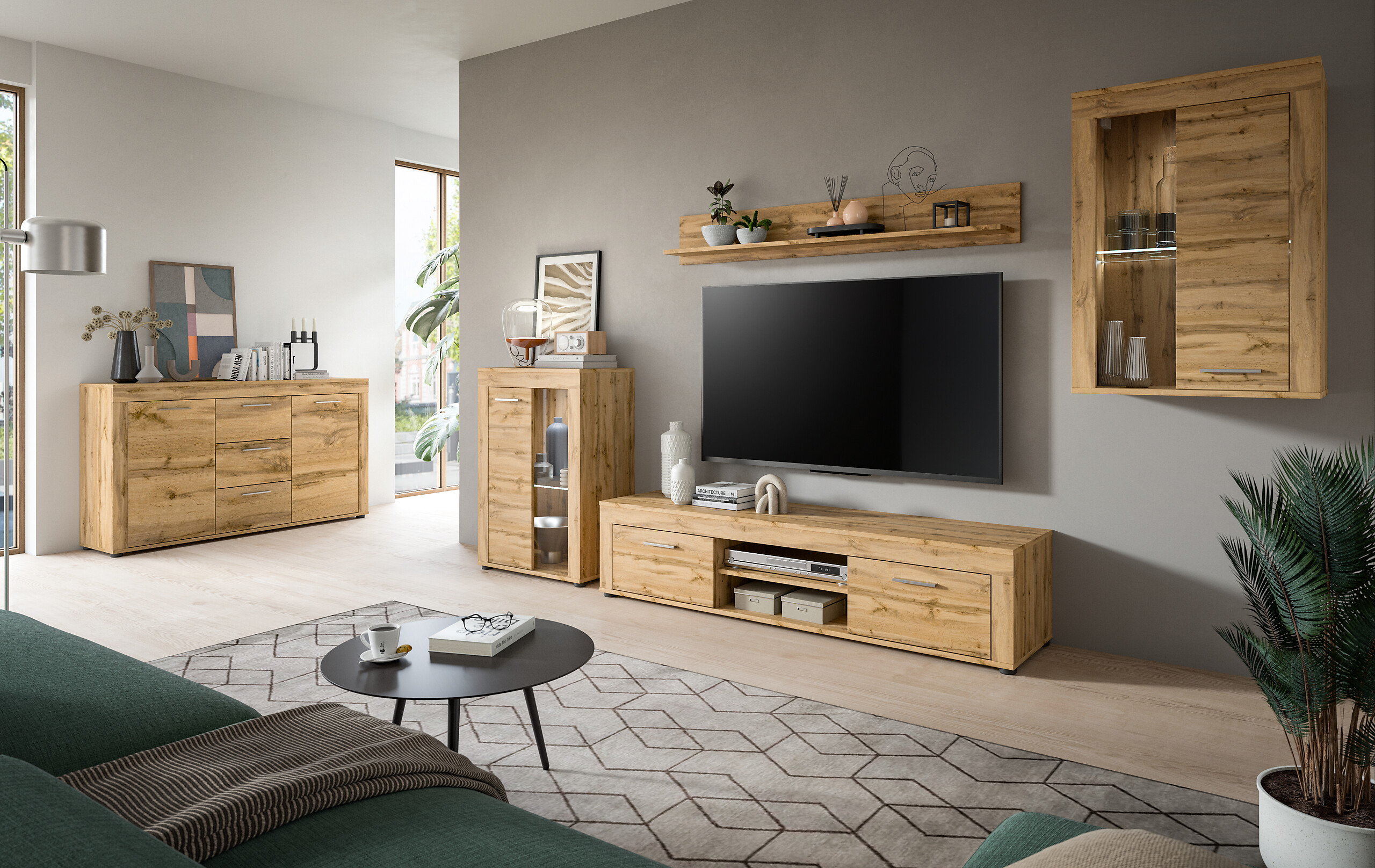 Wohnwand Jam Eiche Wotan Nachbildung B/H/T: ca. 310x169x35 cm Wohnwand Jam Eiche Wotan Nachbildung B/H/T: ca. 310x169x35 cm