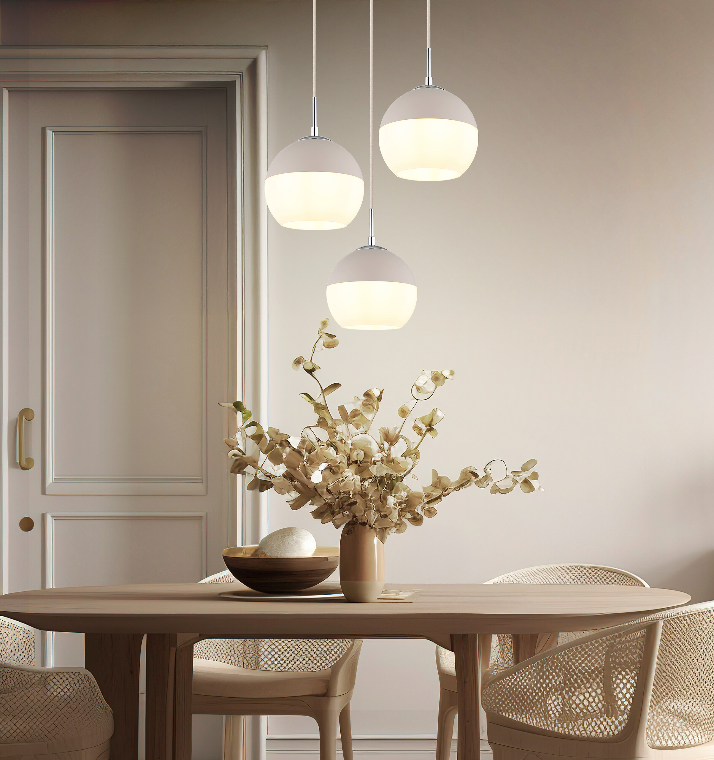 GLOBO Pendelleuchte sand Opal weiß Metall Textil Glas H/D: ca. 120x42,5 cm E27 3 Brennstellen