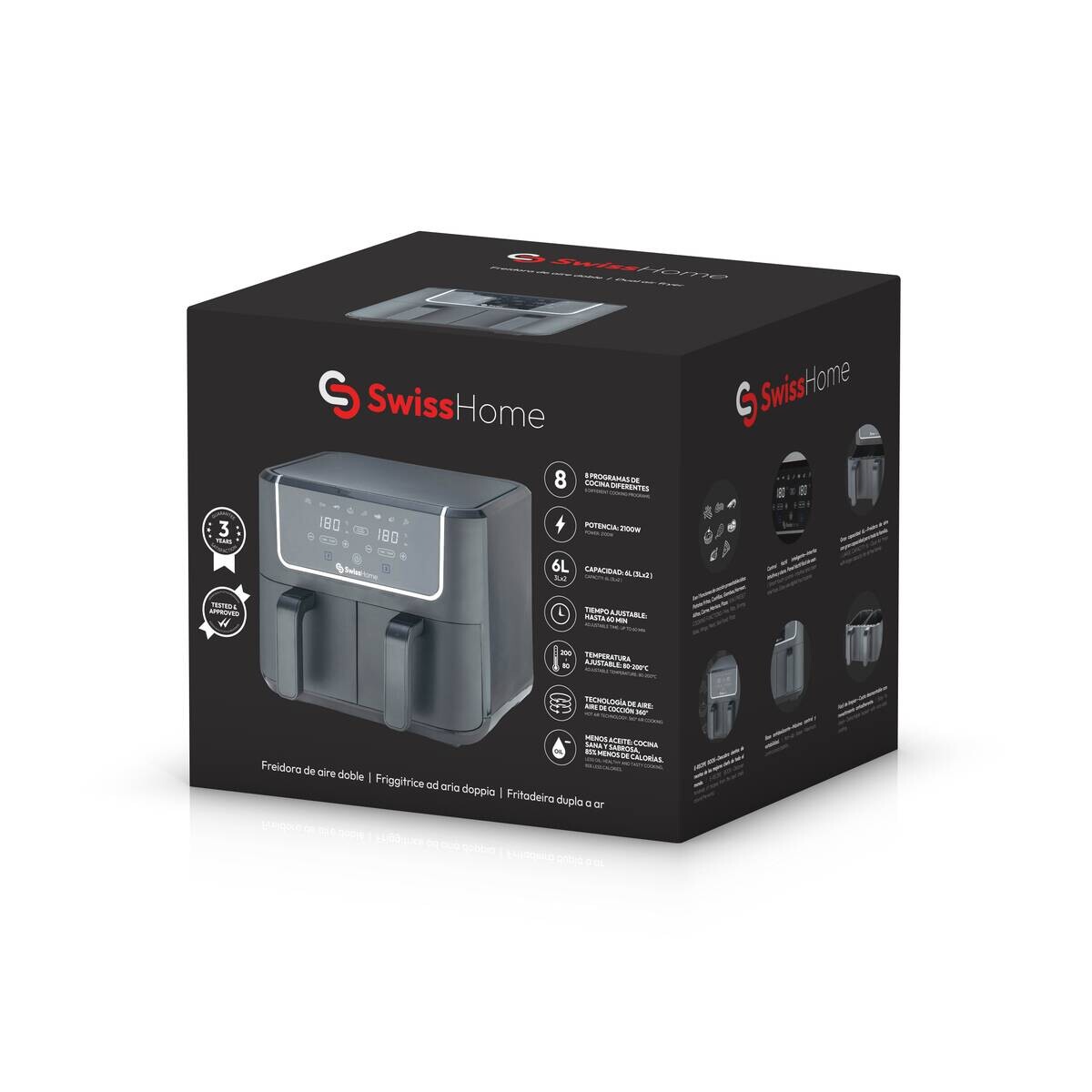 SWISS HOME Doppel-Heißluftfritteuse SH-6931 schwarz Kunststoff B/H/L: ca. 24x28x32 cm ca. 3 l