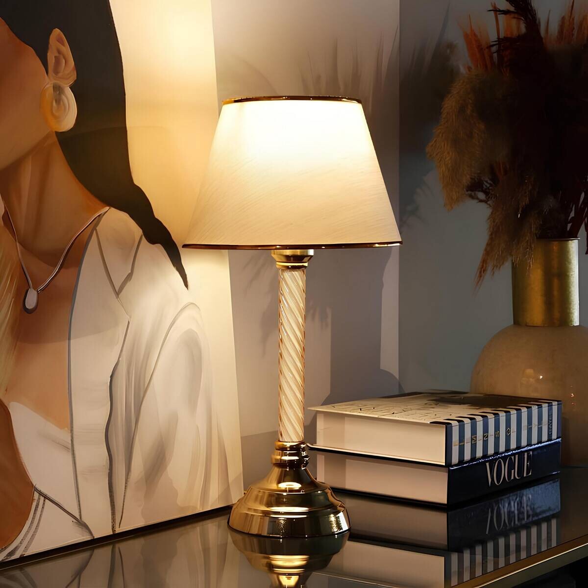 Opviq Tischleuchte beige gold Kunststoff Stoff B/H/L: ca. 22x45x22 cm E27 1 Brennstellen