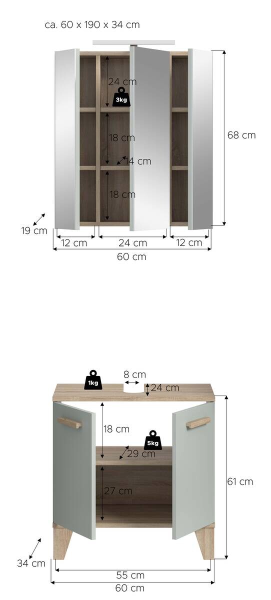 Badezimmer-Set STAR hellgrün Eiche hell Nachbildung B/H/T: ca. 60x190x34 cm