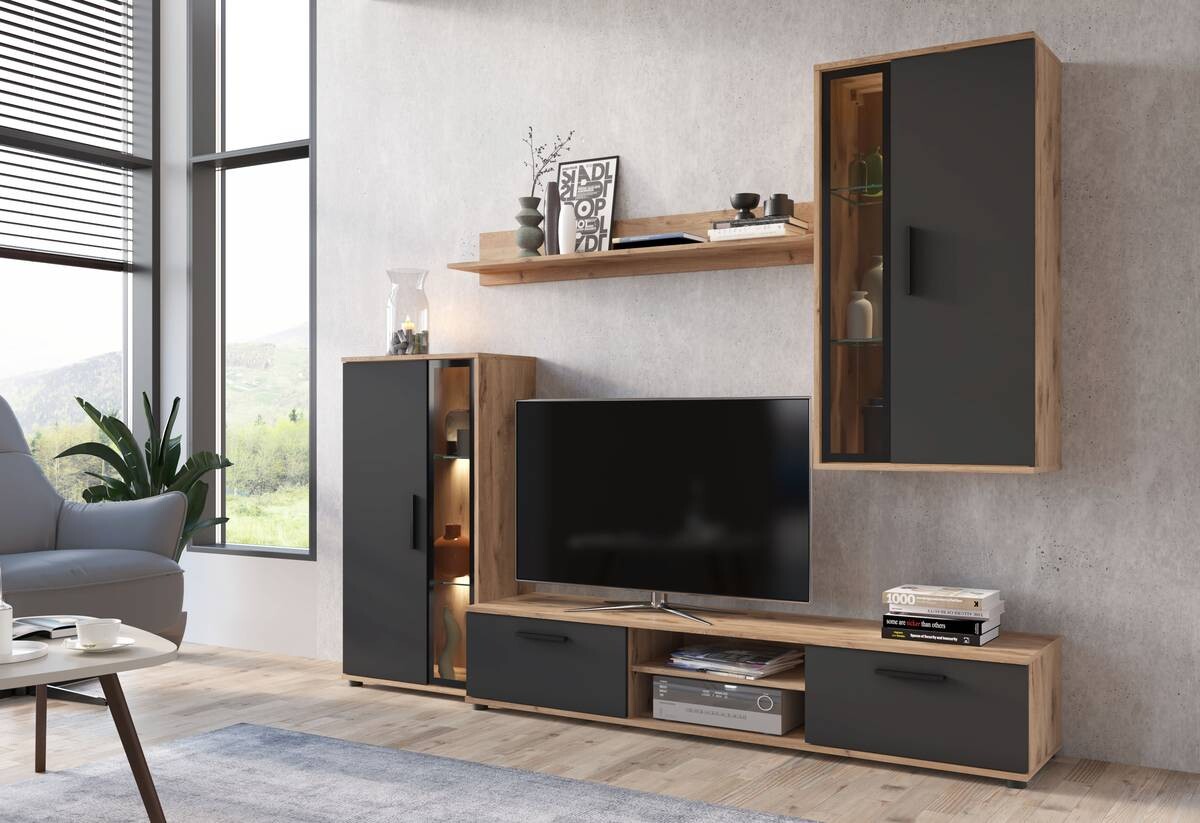 Wohnwand Neon Eiche Viking Nachbildung anthrazit B/H/T: ca. 233x190x40 cm