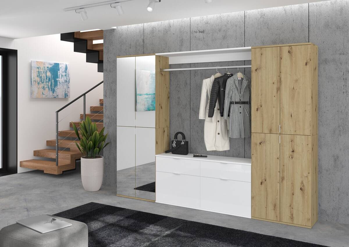 Garderobe PROJEKT Eiche Artisan Nachbildung weiß Hochglanz Spiegel B/H/T: ca. 243x193x34 cm Garderobe PROJEKT Eiche Artisan Nachbildung weiß Hochglanz Spiegel B/H/T: ca. 243x193x34 cm