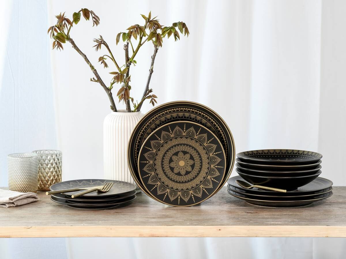 CreaTable Tafelservice MANDALA GOLD schwarz Steinzeug 12 tlg.