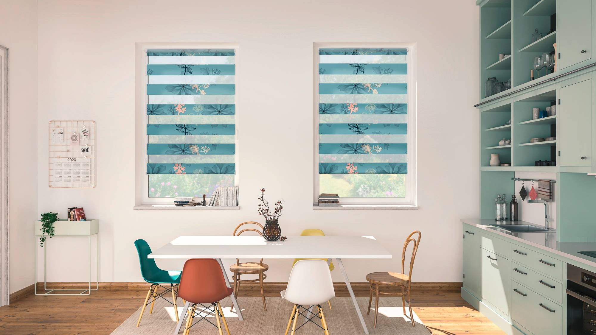 LICHTBLICK Doppelrollo Duo Aqua Floral blau B/L: ca. 90x150 cm