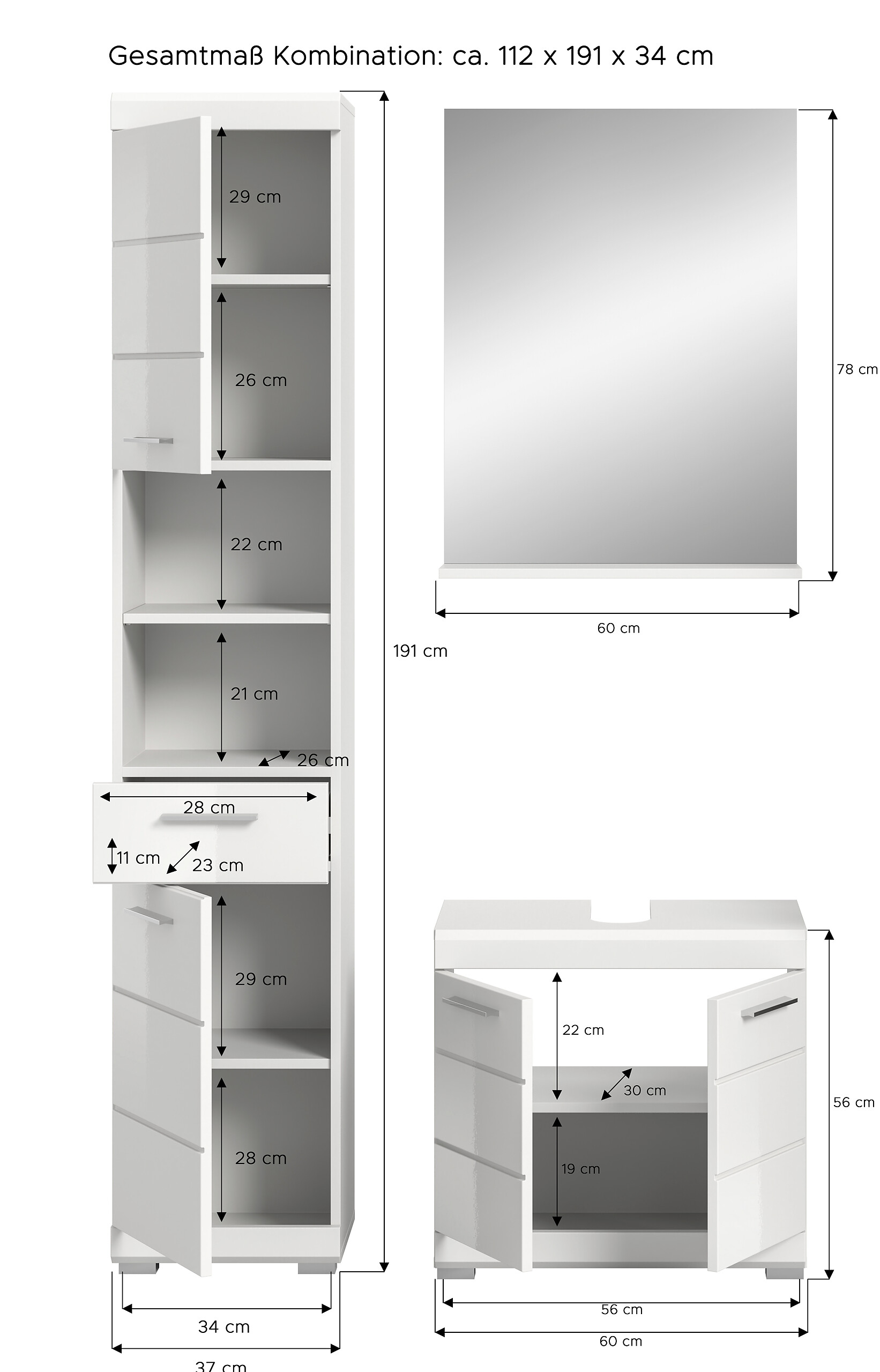 Badezimmer-Set Scout weiß weiß Hochglanz B/H/T: ca. 112x191x34 cm