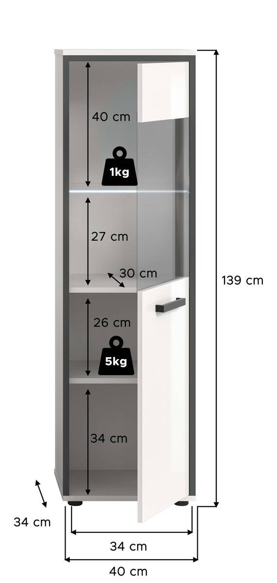 Midischrank KOJAK weiß Hochglanz anthrazit grau B/H/T: ca. 40x139x34 cm