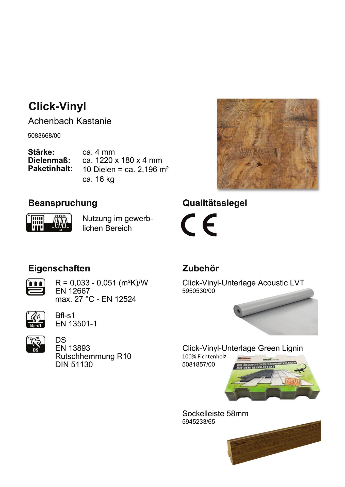 Check One Click-Vinylboden Achenbach ca. 2,196 m² im Paket  B/L: ca. 18x122 cm pro Paket