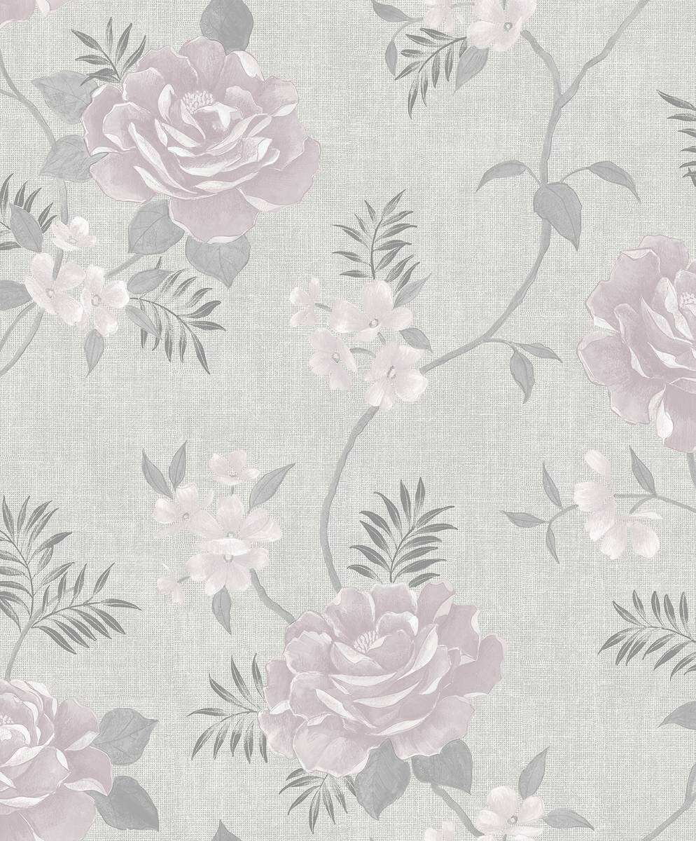 Papiertapete Blumenranke hellgrau dunkelgrau rosa B/L: ca. 53x1005 cm