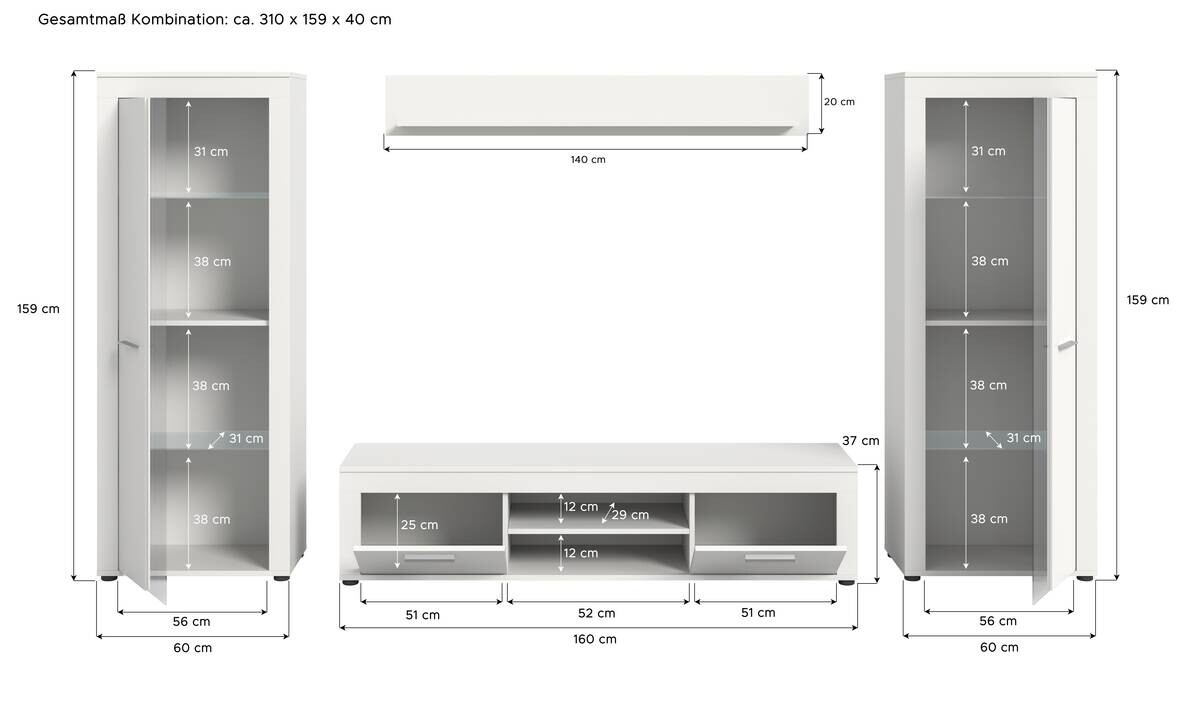 Wohnwand Jam weiß B/H/T: ca. 310x159x35 cm