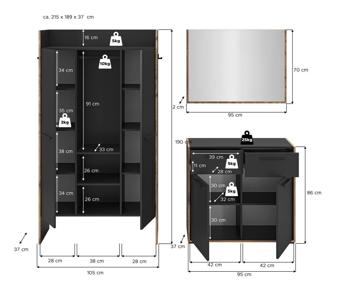 Garderobe Bueno Basalt Nox Oak Nachbildung B/H/T: ca. 215x189x37 cm