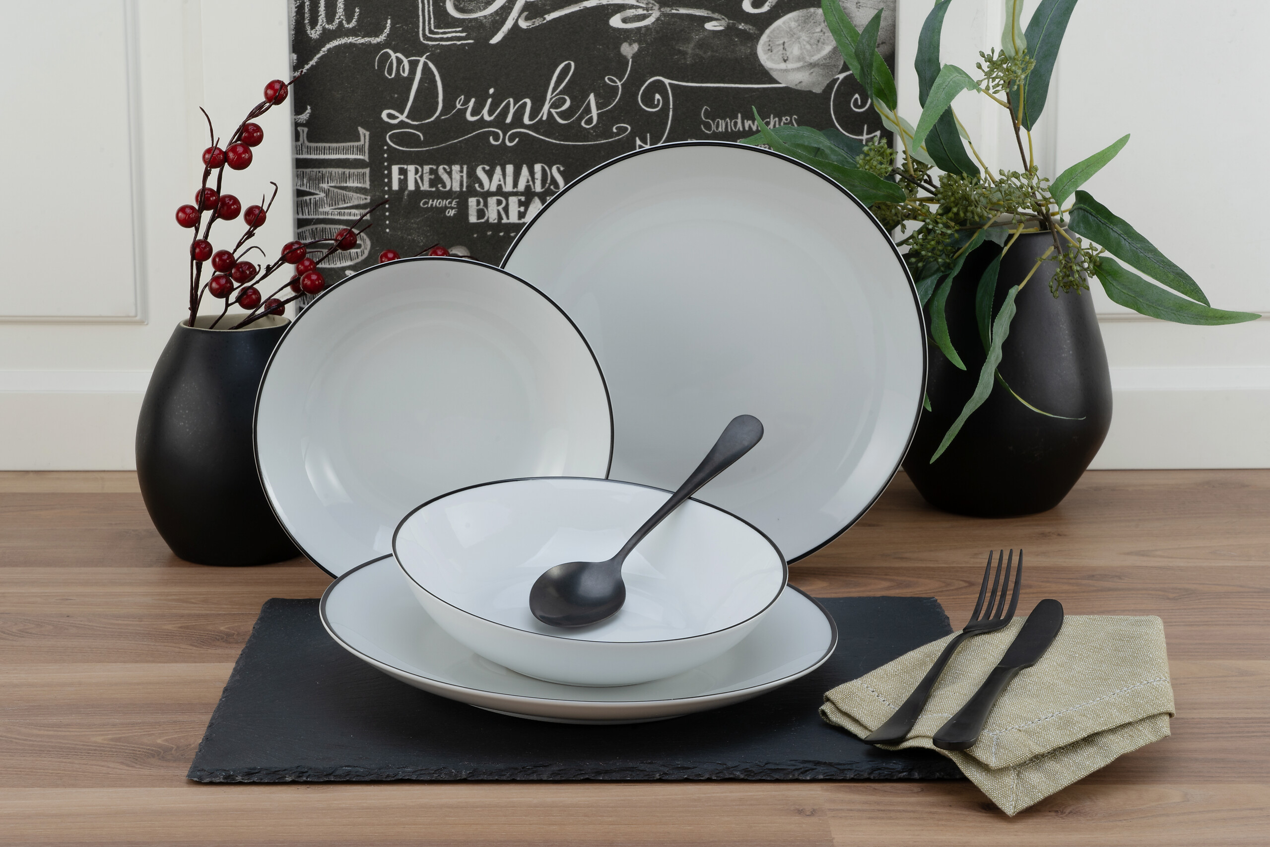 CreaTable Tafelservice Luna Black Line weiß Porzellan 12 tlg.