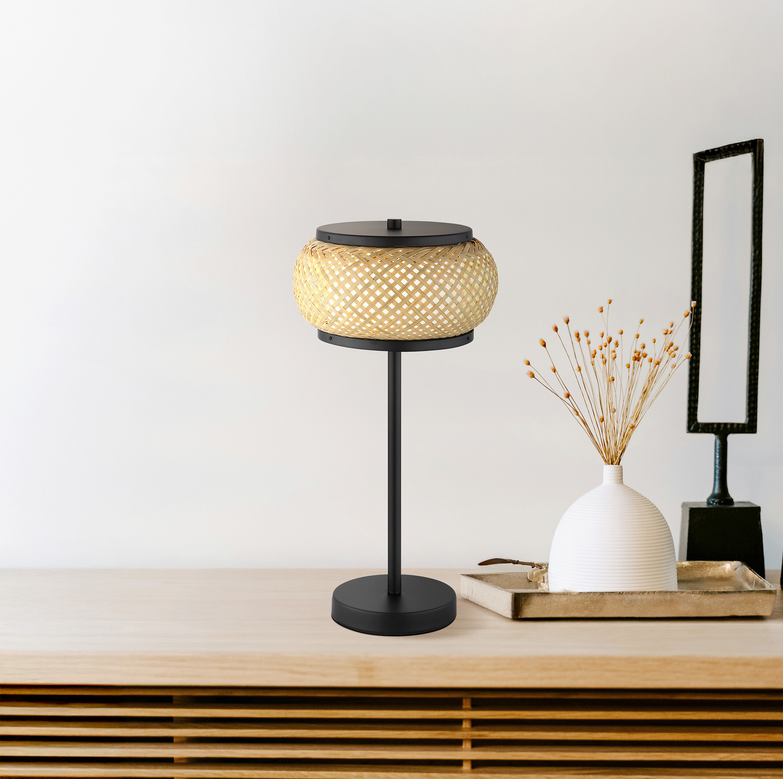 GLOBO Tischleuchte mattschwarz natur Metall Bambus H/D: ca. 46,1x22 cm 1 Brennstellen