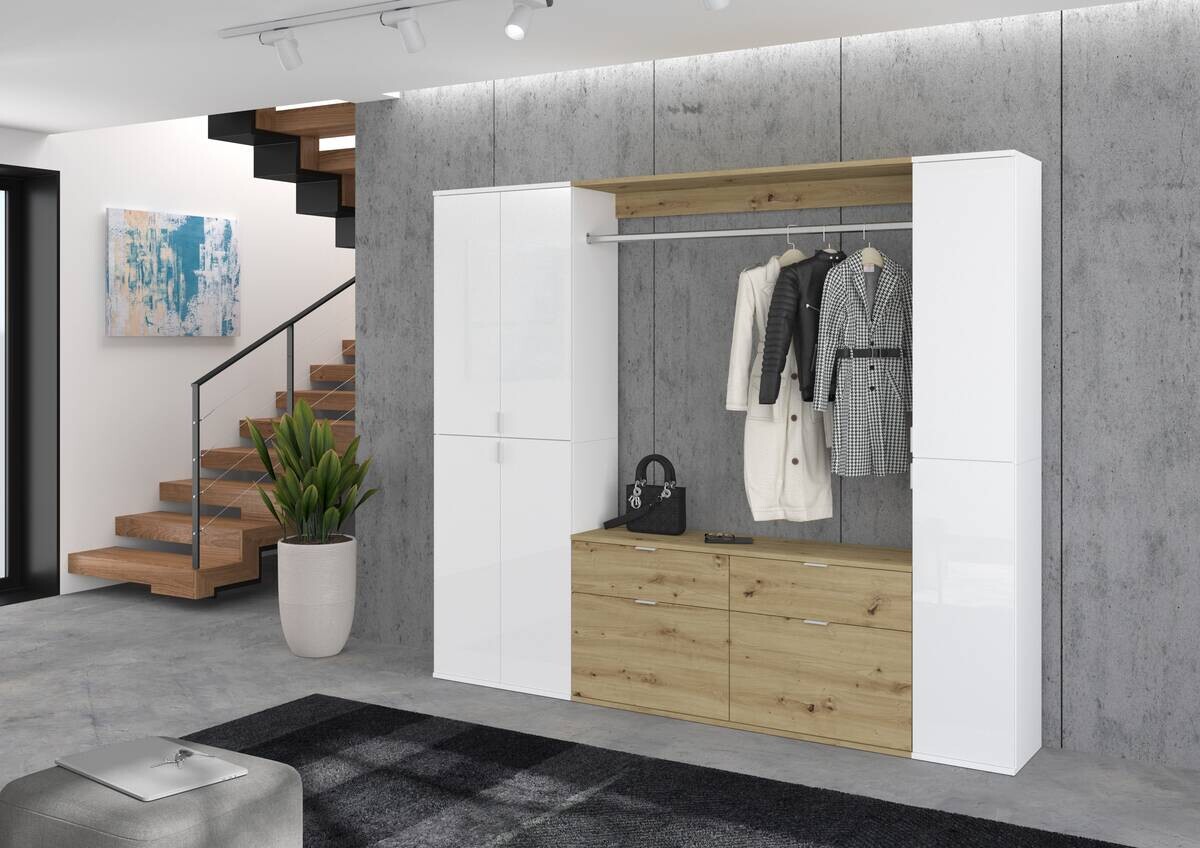 Garderobe PROJEKT weiß Eiche Artisan Nachbildung weiß Hochglanz B/H/T: ca. 212x193x34 cm