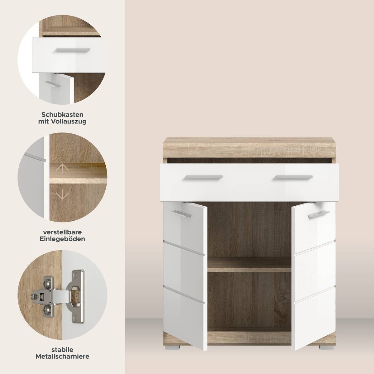 Schrank Lambada Eiche Sonoma Nachbildung weiß Hochglanz B/H/T: ca. 74x88x31 cm