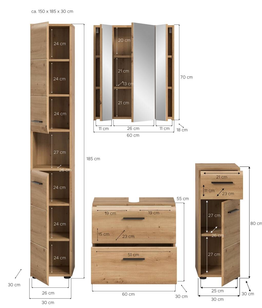 Badezimmer-Set Ice Artisan Oak Nachbildung B/H/T: ca. 150x185x30 cm