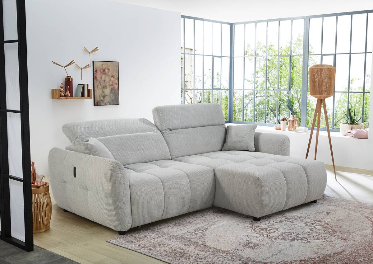 Ecksofa mit elektrischer XXL Sitztiefenverstellung hellgrau Kord B/H/T: ca. 260x106x191 cm