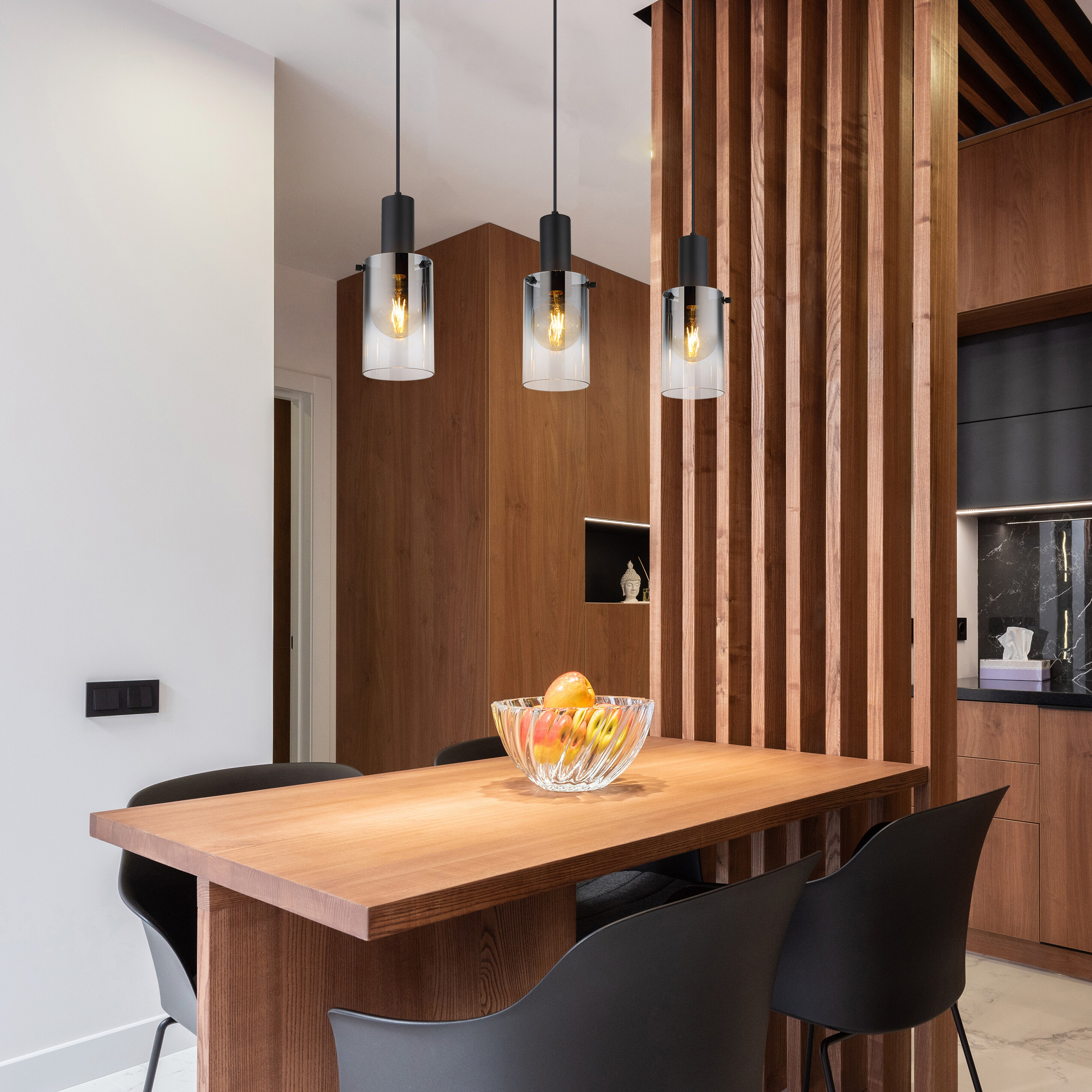 Pendelleuchte Florentina schwarz Glas Metall B/H/L: ca. 12,5x150x72,5 cm E27 3 Brennstellen