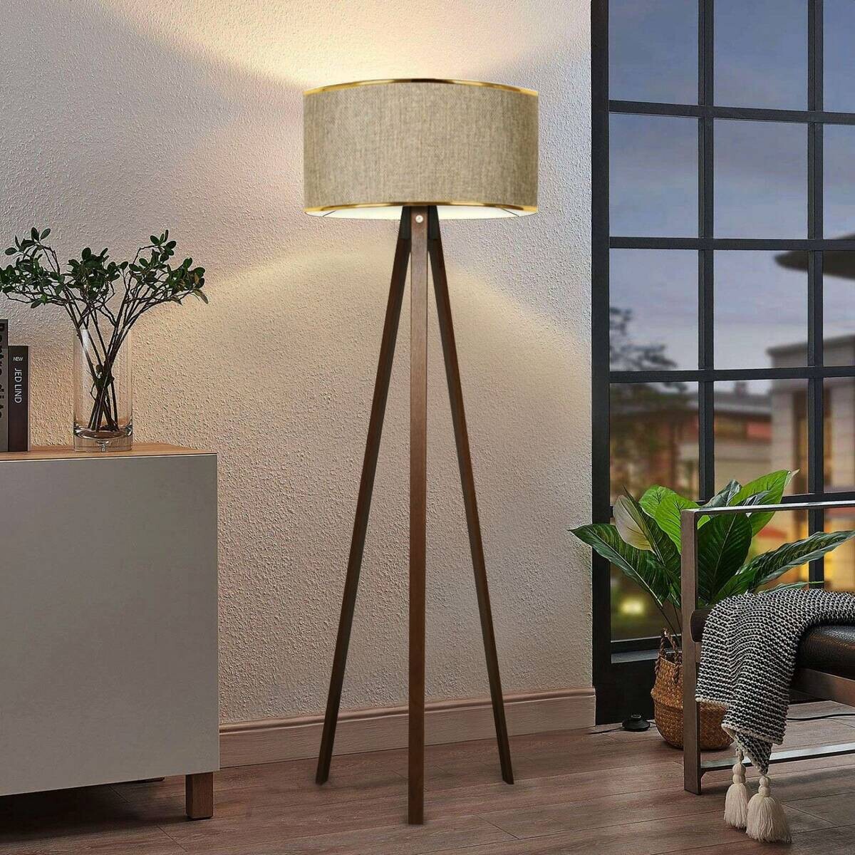 Opviq Stehleuchte gold beige Holz B/H/T/L/D: ca. 38x140x38x38x38 cm E27 1 Brennstellen