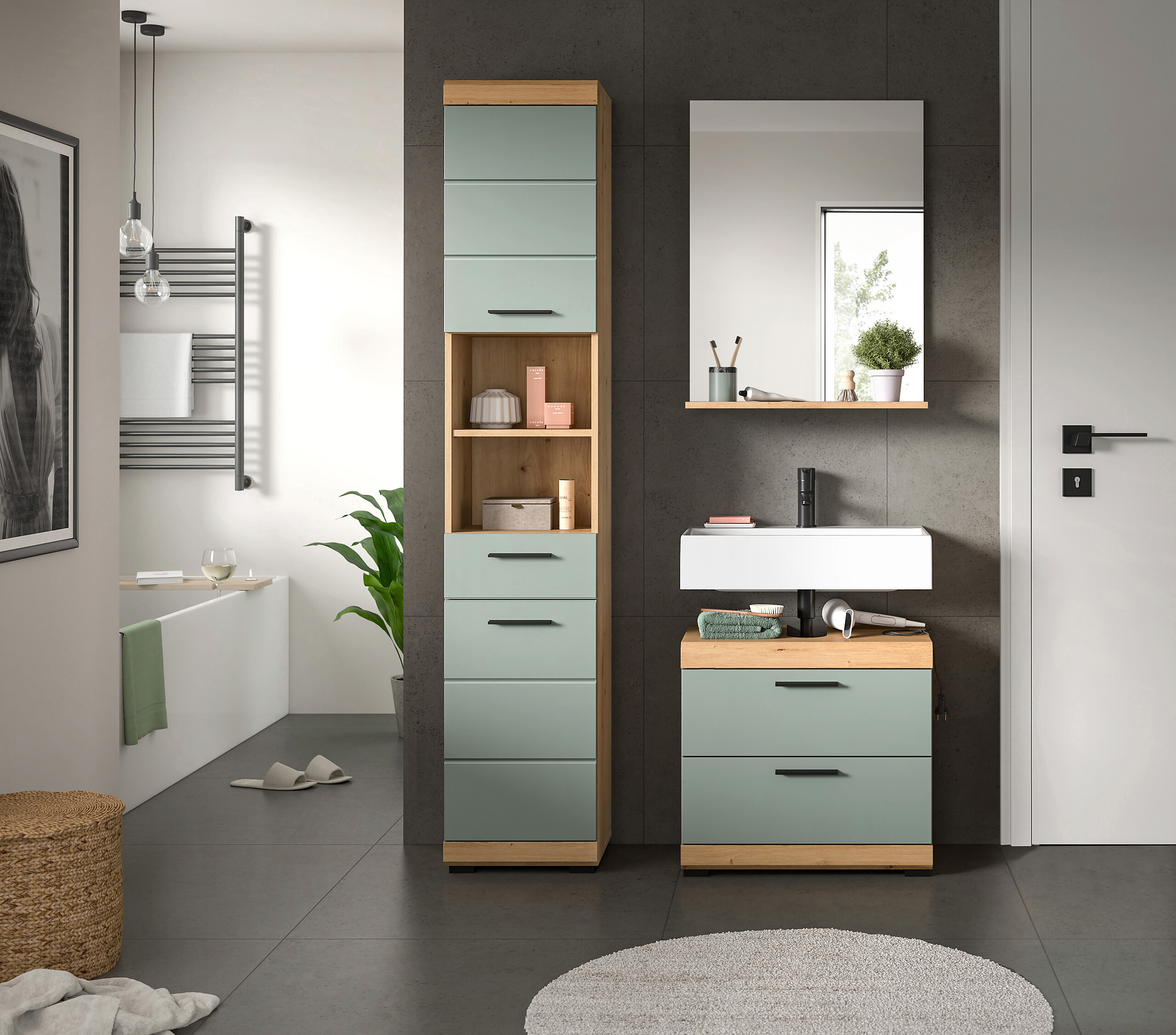 Badezimmer-Set Scout Eiche Artisan Nachbildung salbei Nachbildung B/H/T: ca. 112x191x37 cm Badezimmer-Set Scout Eiche Artisan Nachbildung salbei Nachbildung B/H/T: ca. 112x191x37 cm